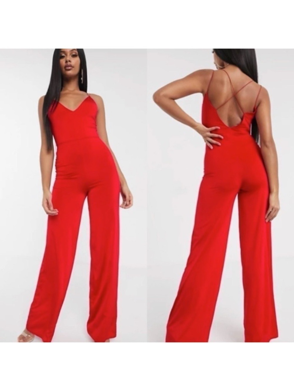 Asos Red Slinky Satin Jumpsuit with Elastic Straps